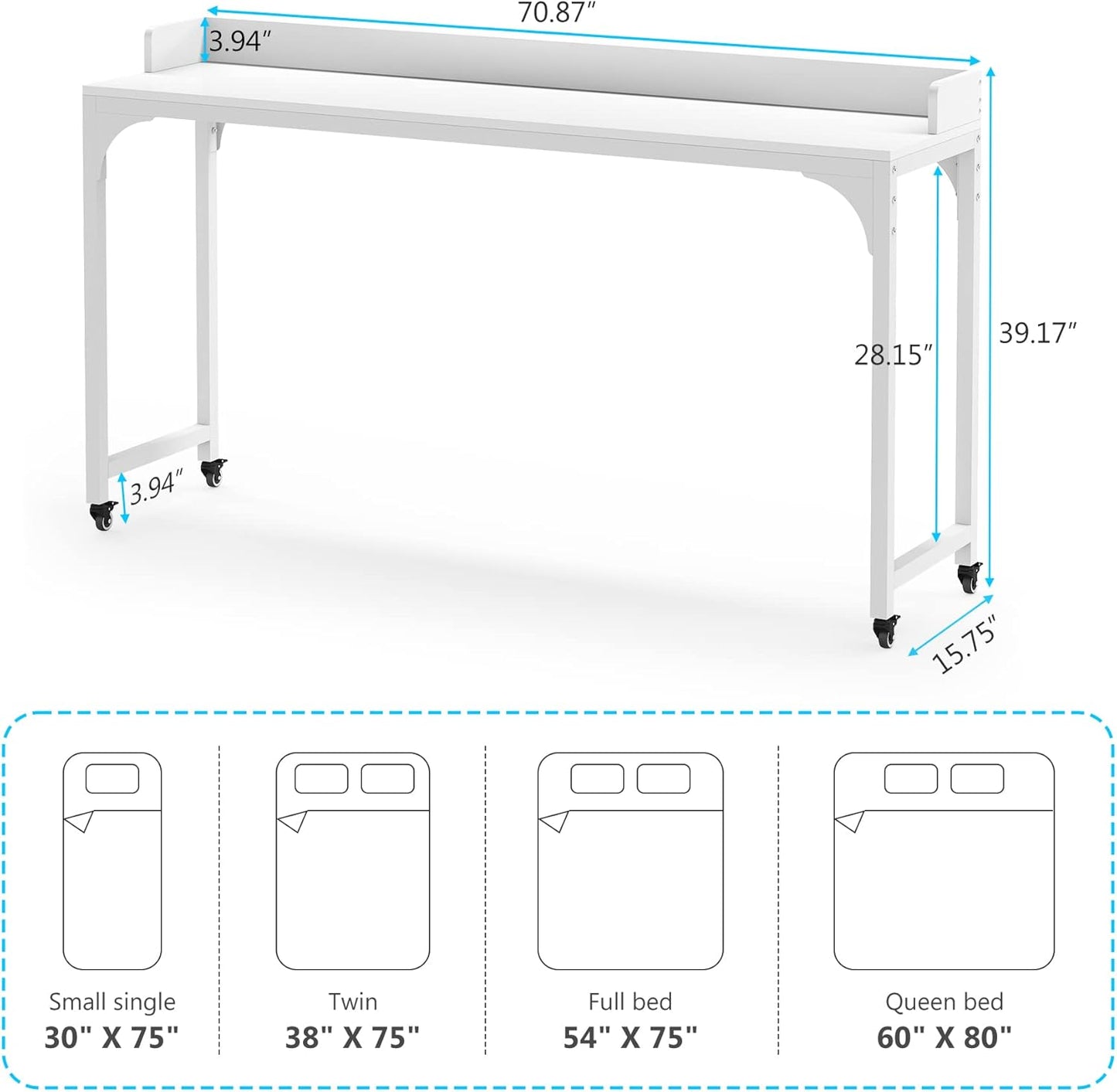 Overbed Table with Wheels, Queen Size Mobile Computer Desk Standing Workstation Laptop Cart, over Bed Table with Heavy Duty Metal Leg