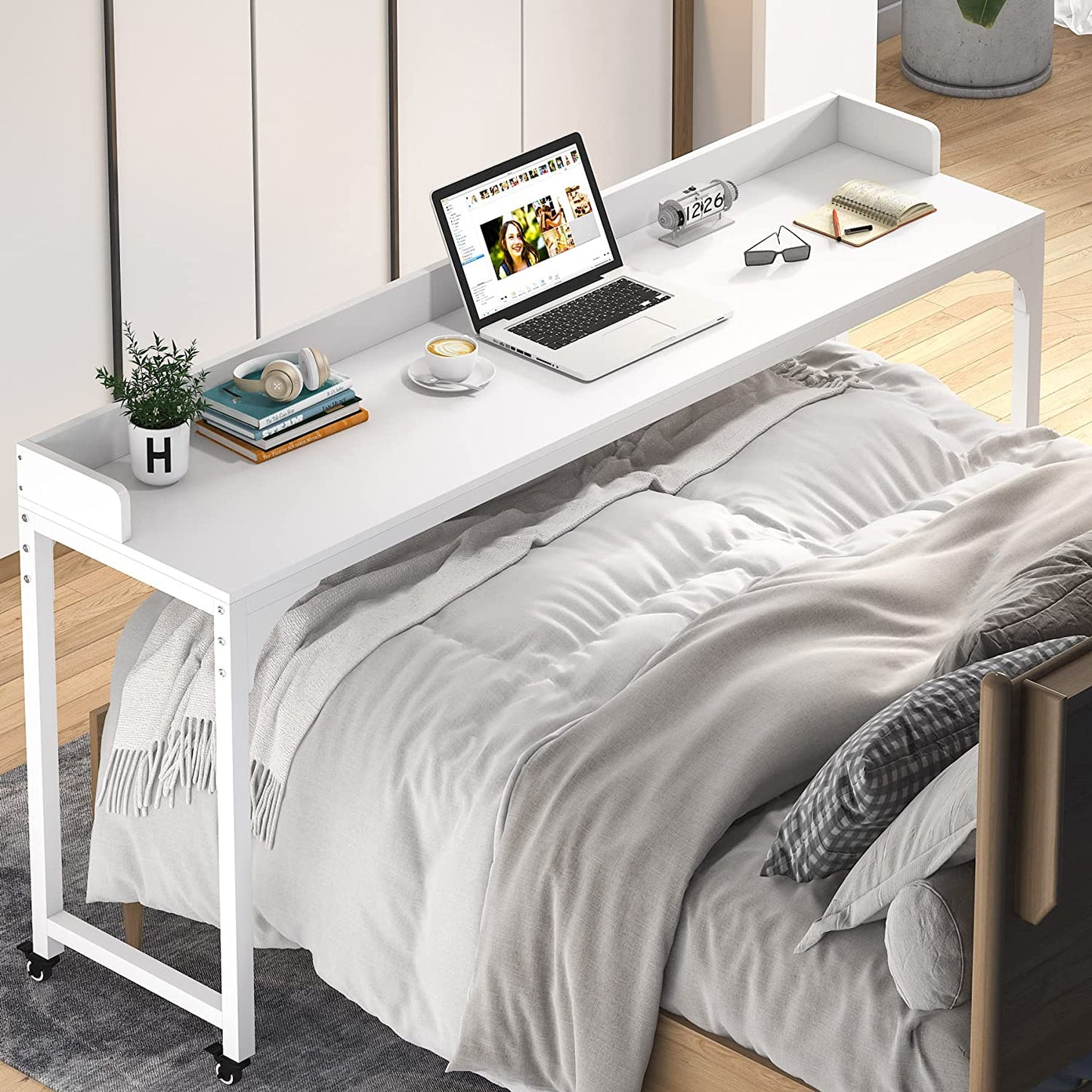 Overbed Table with Wheels, Queen Size Mobile Computer Desk Standing Workstation Laptop Cart, over Bed Table with Heavy Duty Metal Leg