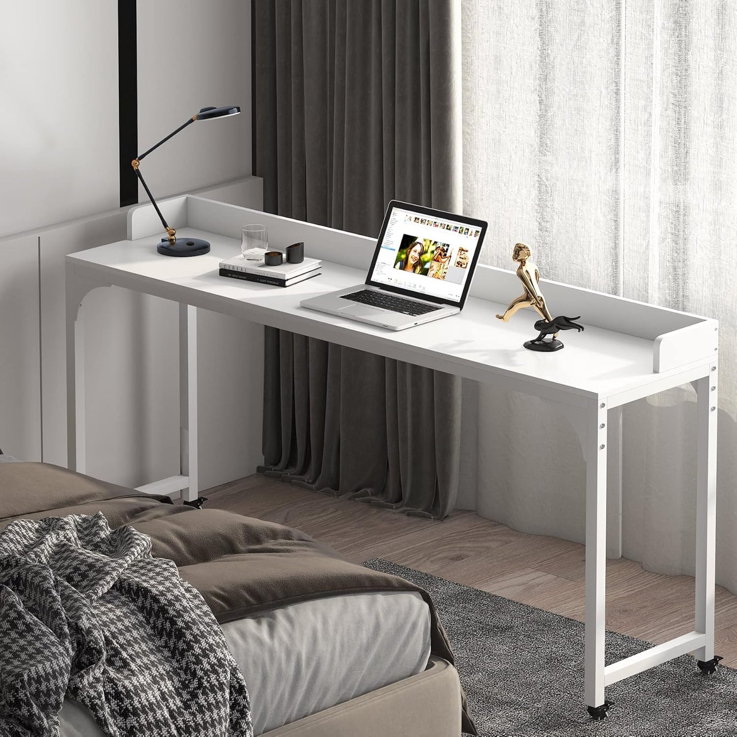 Overbed Table with Wheels, Queen Size Mobile Computer Desk Standing Workstation Laptop Cart, over Bed Table with Heavy Duty Metal Leg