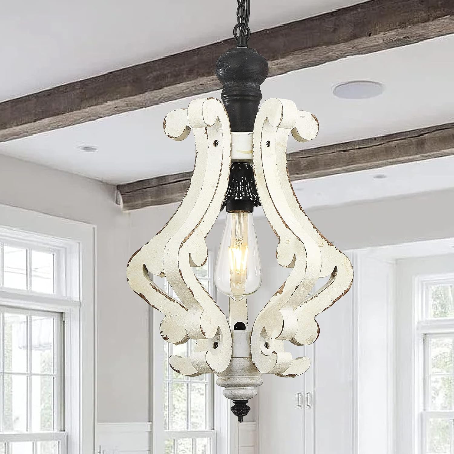 Farmhouse Wood Chandeliers, Vintage Distressed Dining Room Light Fixture,Rustic Handmade Pendant Light for Living Room Bedroom Kitchen Island Foyer Hallway Front Door(White+Yellow, 1-Light)