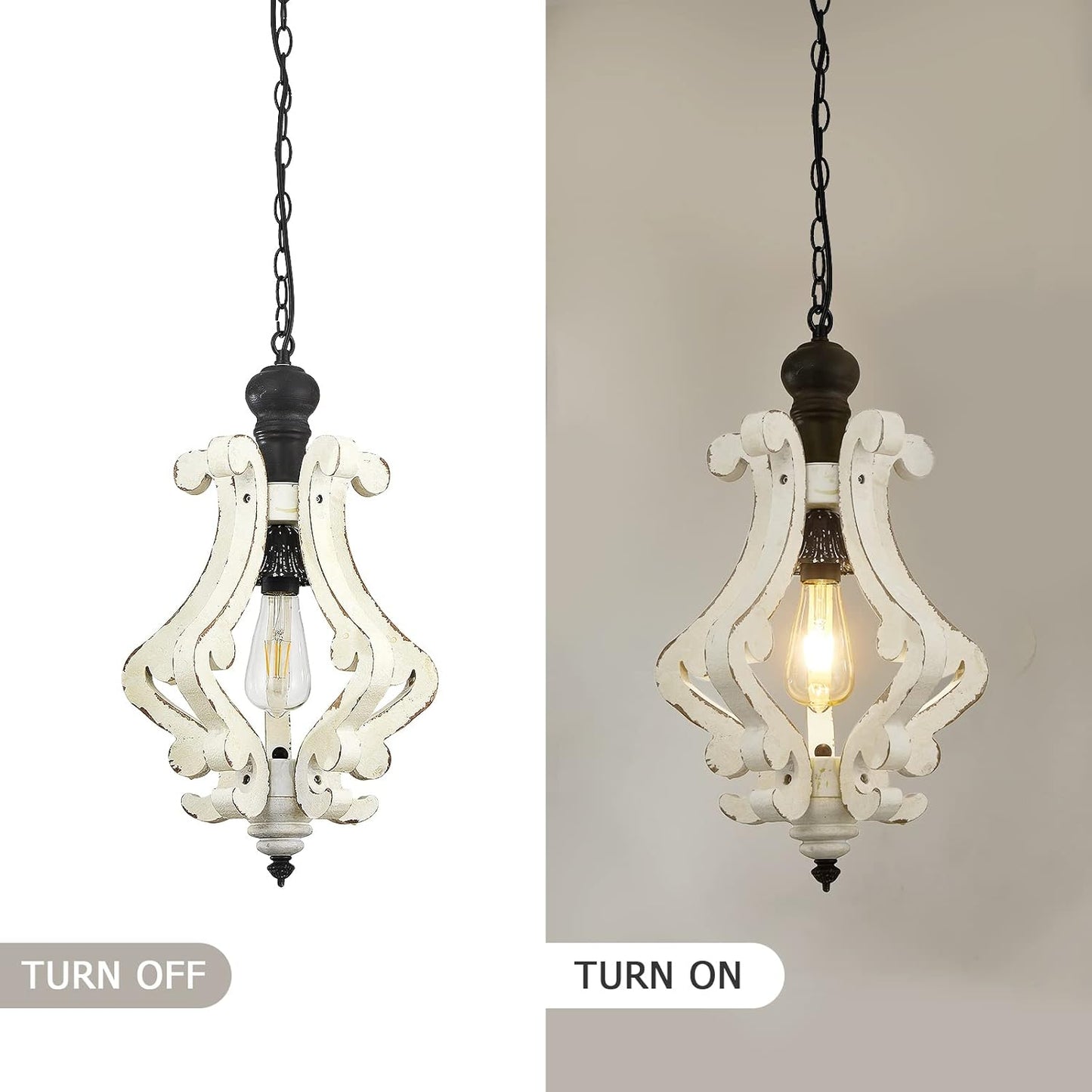 Farmhouse Wood Chandeliers, Vintage Distressed Dining Room Light Fixture,Rustic Handmade Pendant Light for Living Room Bedroom Kitchen Island Foyer Hallway Front Door(White+Yellow, 1-Light)